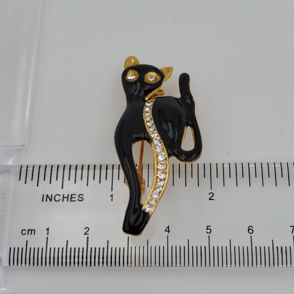 Black Enamel & Rhinestone Cat Brooch - Picture 4 of 5